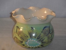 Gwili Studio Pottery Vase Welsh Flowers Pattern Ruffled  Top Edge 11.5cms Wide