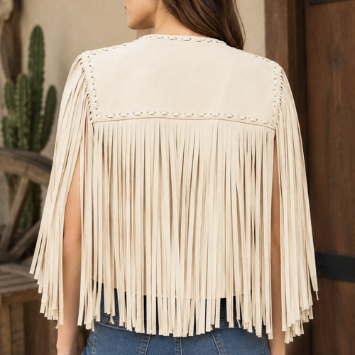 Women leather fringe vest - leather,