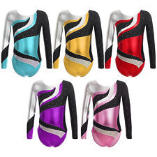 UK Girls Gymnastics Leotards Long Sleeve Sparkle Athletic Ballet Dance Leotard