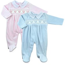 Baby Boy Girl Sleepsuit Velour Babygrow All In One Smocked Embroidery BEARS