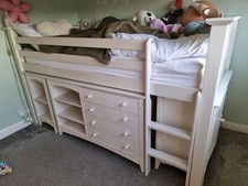 Child's White Wooden Cabin Bed with Steps, Wardrobe, Drawers And Built-in Desk