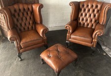 chesterfield Queen Anne high back chairs a pair + stool in antique tan leather 