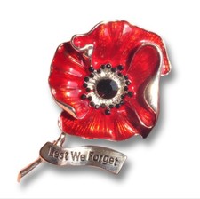 Red Popy Brooch Pin Flower Diamante Broach Vintage Silver Crystal