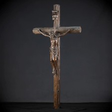 32.7" Wall Crucifix | Antique Wooden Church Cross 19th Cen | 1800s Jesus Christ
