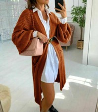 Women Chunky Knitted Oversized Cardigan Ladies Balloon Sleeve Long Maxi Cardigan