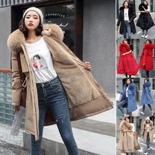 WOMENS LADIES FLEECE LINED WINTER COAT PUFFER FUR COLLAR HOODED JACKET PARKA