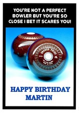 BOWLS Birthday Card Personalised Not a Perfect Bowler c/w envelope Lawn Green