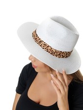 Women's Leopard Animal Print Band Fedora Hat Teardrop Crown Straw Sun Beach