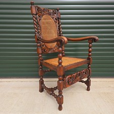 Antique Carved Oak Throne Chair Rattan Cane Seat and Back Gothic Revival Ornate