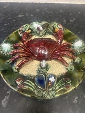 ANTIQUE VICTORIAN VINTAGE PALISSY WARE MAJOLICA CRAB DISH WALL PLATE ALVARO JOSE