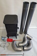 WOOD LOG BURNER STOVE + FLUE SYSTEM PIPES SET ELBOW WALL BRACKETS PLATE POKER