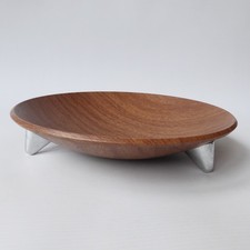 Ianthe round faux teak wood effect dish/bowl chrome tripod. Atomic vintage retro