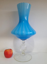 Large vintage 60s Empoli glass blue opaline pedestal footed ring stem vase 395mm