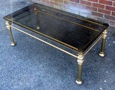 1980s vintage brass smoked glass coffee table Hollywood Regency rectangular