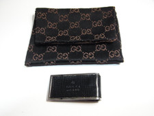 Auth Gucci Money Bill Clip Wallet Logo Black Leather x St.Steel With Pouch
