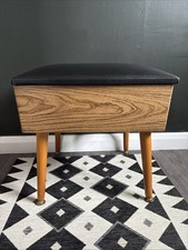 Vintage 1970s Sherborne Footstool Black Faux Leather Pouffe Dansette Legs Sewing