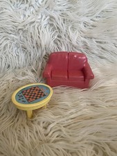 Fisher Price 1999 Loving Family Red Sofa Checkboard Table Set Vintage (C)