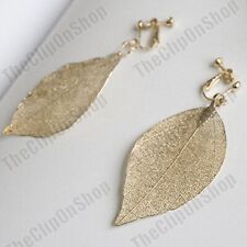 CLIP/HOOKS 3"long BIG EARRINGS real leaf LARGE GOLD DIPPED LAUREL LEAVES natural