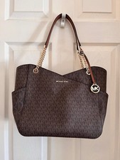 Michael Kors Jet Set Travel Large Tote Bag Brown MK Logo Shoulder Purse Handbag