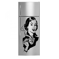Retro Lady With Coffee - Fridge Kitchen Stickers / Wall Decal Decor 40cm x 80cm 