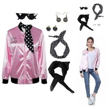 Grease Pink Ladies Cosplay Adult Satin Coat Costume Retro Halloween Jacket suit