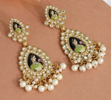 MAHARANI  PEARDROP PEARL & KUNDAN CHAND BALI EARRINGS - Bollywood style