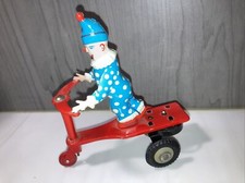 Clown Tin Toy Roli Zoli on Tricycle Wind-Up (not Working) red scooter 1970s Vtg