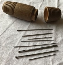 Vintage Sewing Treen Wooden Pin, Needle Case 8cm & Vintage Needles
