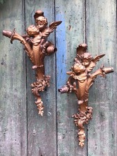PAIR OF ANTIQUE GILT METAL CHERUB WALL LIGHTS, ROCOCO STYLE WITH TWIN ARMS