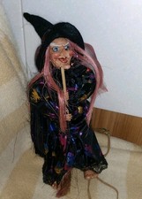 Halloween Witch Figure Hanging Decoration with Broomstick & Sparkly Cape/Robe