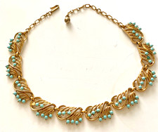 Vintage 1950s Trifari necklace faux turquoise beads, gold tone, quite rare model