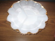 Vtg Anchor Hocking Fire King White Milk Glass with Gold Trim Divided Relish Dish