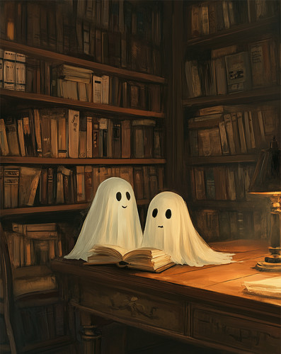 Whimsical ghost library poster - library,
