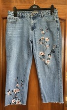 John Rocha Blue Cropped Girlfriend Jeans with Floral Embroidery - Size 12R