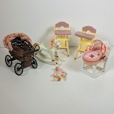 Vintage Dolls House Bedroom Furniture & Baby Bundle High Chairs Pram