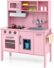 Wooden Kids Kitchen Pretend Play Set with Sound Microwave Oven Sink 18pcs Pink