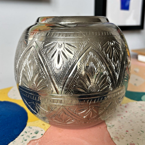 Silver tone engraved metal - silver-tone,