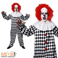Scary Clown + Red Wig Mens Fancy Dress Halloween Horror Circus Adults Costume 
