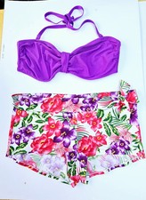 Ladies Bikini Shorts & Halterneck Top Pink Purple Size 22UK