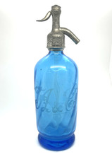 Antique Seltzer Etched LA &Co Blue Glass Bottle Brouscant Paris