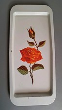 Vintage 1960's Retro Style Slim Rectangular Tin Tray Stem Rose Design ~ Kitsch!