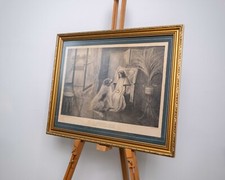 Vintage Art Nouveau Art Print in Gold Gilt Frame In Sunshine Again Lady & Dog