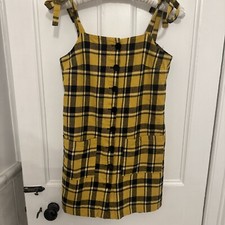 Lazy Oaf  Yellow Checked Pinafore  Dress Shoulder Ties Size M Excellent