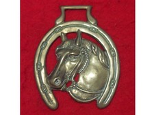 Large Antique Stamped Horse Brass of a Horse's Head in Horseshoe Surround #OB37