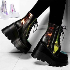 Womens Goth Punk Ankle Boots Lace Up Chunky High Heel Platform Shoes Creepers Sz