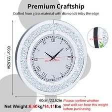 Round Mirror Clock Crushed Sparkling Twinkle Crystal Diamond Mirrored Wall Clock