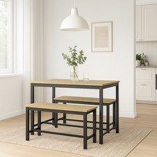 3 Pcs Wooden Kitchen Dining Living Room Table Metal Frame 2 Matching Benches Set