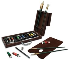 Artist Premier Deluxe Oil Colour Paint & Brushes Wooden Box Travel Painting Set