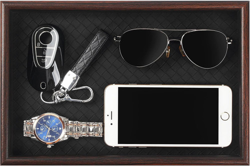 Wooden valet tray with leather - wooden,