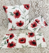Cushion Covers X 4 & Matching Table Runner . Red Poppy Design . Handmade .
